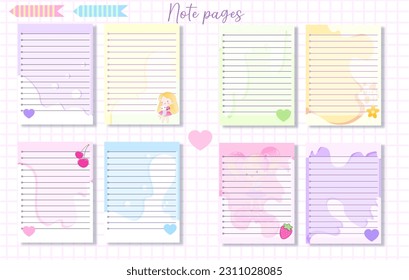 Cards notes. Kids notebook page vector template. Stickers, labels, tags paper sheet illustration. Set of planners and to do lists with simple girls  illustrations