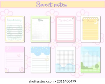 Cards notes. Kids notebook page vector template. Stickers, labels, tags paper sheet illustration. Set of planners and to do lists with simple girls  illustrations