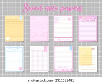 Cards notes. Kids notebook page vector template. Stickers, labels, tags paper sheet illustration. Set of planners and to do lists with simple girls  illustrations