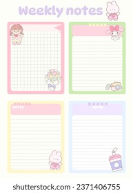 Notas de la carta. Plantilla vectorial de la página del bloc de notas para niños. Etiquetas, etiquetas, etiquetas ilustraciones de hojas de papel. Conjunto de planificadores y listas con ilustraciones simples de chicas con carácter animal
