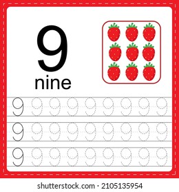 Cards with numbers for children. Trace the line. For kids learning to count and to write. Number 9