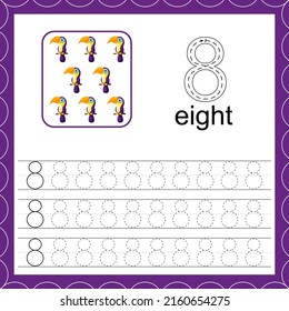 Cards with numbers for children. Trace the line. For kids learning to count and to write. Number eight.Count toucan game. Educational maths worksheets