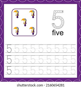Cards with numbers for children. Trace the line. For kids learning to count and to write. Number five.Count toucan game. Educational maths worksheets