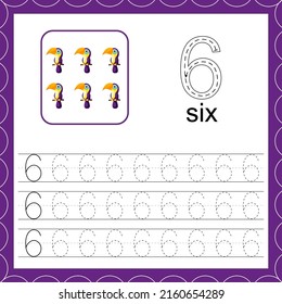 Cards with numbers for children. Trace the line. For kids learning to count and to write. Number six.Count toucan game. Educational maths worksheets