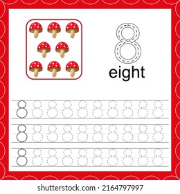 Cards with numbers for children. Trace the line. For kids learning to count and to write. Number eight. Count mushroom game. Educational maths worksheets