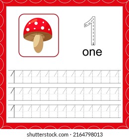 Cards with numbers for children. Trace the line. For kids learning to count and to write. Number one. Count mushroom game. Educational maths worksheets