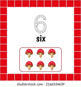 Cards with numbers for children. Trace the line. For kids learning to count and to write. Number six. Fly agaric.Count mushroom game. Educational maths worksheets