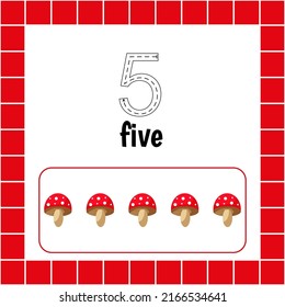 Cards with numbers for children. Trace the line. For kids learning to count and to write. Number five. Fly agaric.Count mushroom game. Educational maths worksheets