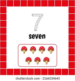 Cards with numbers for children. Trace the line. For kids learning to count and to write. Number seven. Fly agaric.Count mushroom game. Educational maths worksheets