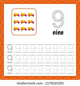 Cards with numbers for children. Trace the line. For kids learning to count and to write. Number nine. Count cars. Educational maths worksheets