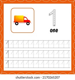 Cards with numbers for children. Trace the line. For kids learning to count and to write. Number one.Count cars. Educational maths worksheets
