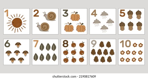 Cards with numbers for preschool education in the autumn theme, which can be printed. English math for kids 1 to 10. Flash cards in boho style.