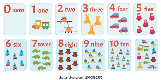 Cards with numbers for printing with children's toys. Children's allowance, account from 1 to 10. Vector illustration.