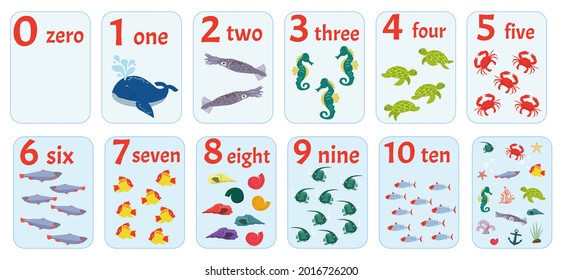 Cards with numbers for printing with marine life.  A manual for children studying numbers from 1 to 10, flash cards, mathematical counting. Vector illustration.