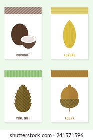 Cards with nuts. Vector illustration. Pine nuts, coconut, acorn, almond