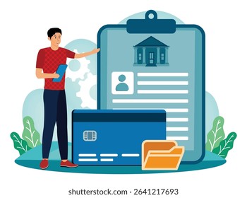 Cards on file concept. Online banking and financial document management, showing a user interacting with a clipboard, credit card, and essential files.