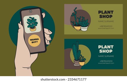 Cards and online shopping banner for plant shop, vector illustration
