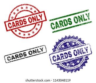 CARDS ONLY seal prints with corroded surface. Black, green,red,blue vector rubber prints of CARDS ONLY title with corroded surface. Rubber seals with circle, rectangle, medal shapes.