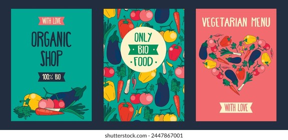 Cards for organic and vegetarian food, can be used as menu cover or as poster for farmers market, vector illustration