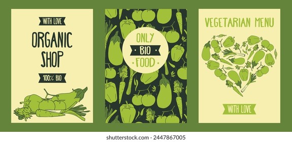 Cards for organic and vegetarian food, can be used as menu cover or as poster for farmers market, vector illustration