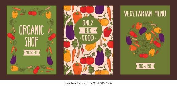 Cards for organic and vegetarian food, can be used as menu cover or as poster for farmers market, vector illustration