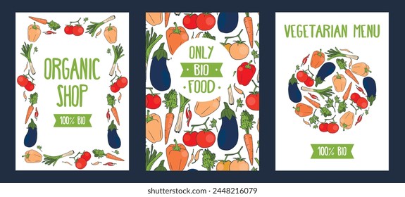 Cards for organic and vegetarian food, can be used as menu cover or as poster for farmers market, vector illustration