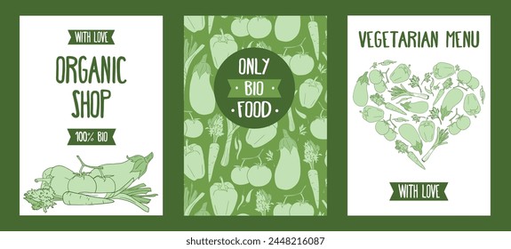 Cards for organic and vegetarian food, can be used as menu cover or as poster for farmers market, vector illustration