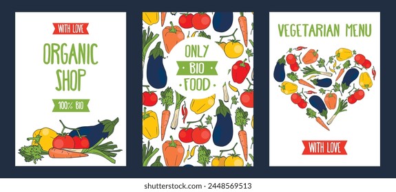 Cards for organic and vegetarian food, can be used as menu cover or as poster for farmers market, vector illustration