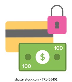 Cards with a padlock symbolising secure payment flat icon
