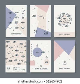 Cards in pastel colors. A set of words for the holiday. Bright eyes and lips for printing on fabric, invitations, parties.