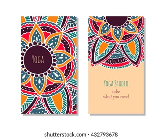 Cards pattern for yoga studio or class. Vector editable template with front and back side flyer. Banner set for web.