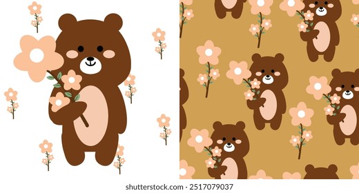 Tarjetas y patrones de dibujos animados de osos marrones y flores. lindo Fondo de pantalla y tarjetas para impresiones de tela, papel de regalo