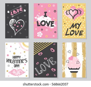 Cards with a pink, black, white, colored Valentine's day. Vector templates with lettering. Gold tribal style for Valentines day, wedding. Design set creative cards, posters, label, banner.