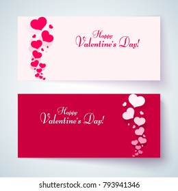 Cards with pink hearts on a romantic background Pattern from hearts and text Happy Valentine's Day for the design of congratulatory postcards banners posters templates for Valentine's Day Set Vector