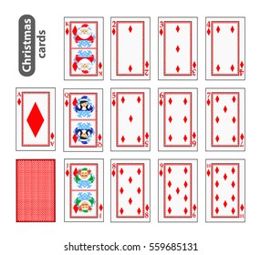 Cards Poker red diamond. Set Christmas icons. Santa claus, girl and elf. Illustration vector. Use for the site, printing, paper, cloth, decoration design etc