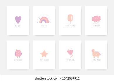Cards, postcards, tags, covers with animals, pony, owl, heart, rainbow, ice cream, star, flower, cloud character. Funny doodle objects for kids nursery