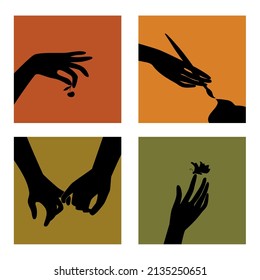 Cartas o afiches con palmas humanas.  Diseño de vectores.
