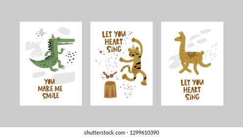 Cards or posters set with cute animals, crocodile, leopard, Lama in cartoon style. Cute elements and motivational sayings, quotes. Vector illustration for kids design