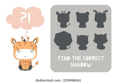 Karten für die Vorschulentwicklung von Kindern mit Giraffe und Silhouetten von Tieren.