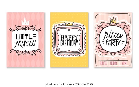 Cards princess. Vintage cute pink frame with gold crown. Doodle frames with lettering. Little girl birthday party invitation card, holiday poster or banner, baby postcard. Vector set