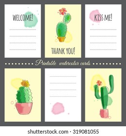 Cards to print with images of cacti and text. The watercolor effect. Can be used as notebook paper for taking notes.