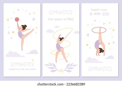 Cards or promotional banner gymnastic school template. Sport studio or class flyer. Little baby gymnast in different poses. Cute sports girl characters. Mobile app design. Flat vector illustration