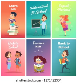 Cards with pupils. Design template of cards with school characters. Vector back to school, discover new and learn illustration