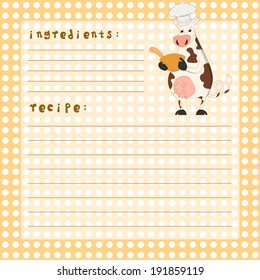 cards for recipes with funny cow. vector.