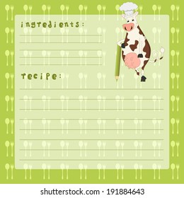 cards for recipes with funny cow. vector.