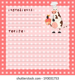 cards for recipes with funny cow. vector.