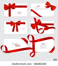 Cards with red gift bows and red ribbons. Vector illustration.