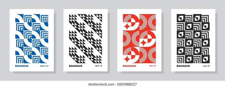 Cards in retro bauhaus minimal flat style. Abstract poster set. Designs with simple geometric shapes. Seamless pattern collection. Vector illustration.