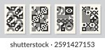Cards in retro minimal flat style. Bauhaus poster set. Abstract monochrome designs with simple geometric shapes. Black and white seamless pattern collection.Vector illustration.