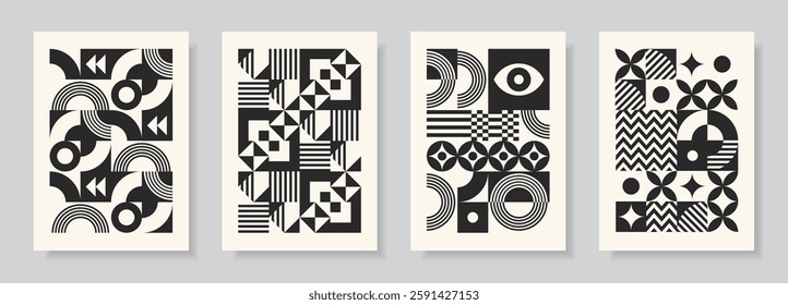 Cards in retro minimal flat style. Bauhaus poster set. Abstract monochrome designs with simple geometric shapes. Black and white seamless pattern collection.Vector illustration.